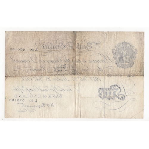 130 - Peppiatt 5 Pounds (B264) dated 25th February 1947, serial L50 070163, London issue on thin paper (B2... 