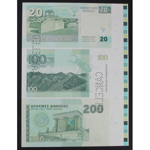 17 - Test Note, an uncut sheet of 3 notes, Israel 20 Shekels Ziva David 'Mossad banknote' on front Archeo... 