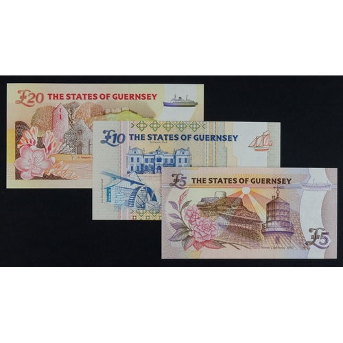 189 - Guernsey (3), 20 Pounds, 10 Pounds and 5 Pounds issued 1995 & 1996, all signed Trestain, with LOW se... 