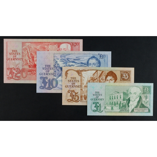 190 - Guernsey (4), 20 Pounds, 10 Pounds, 5 Pounds and 1 Pound issued 1980 - 1989, signed W.C. Bull, a ver... 