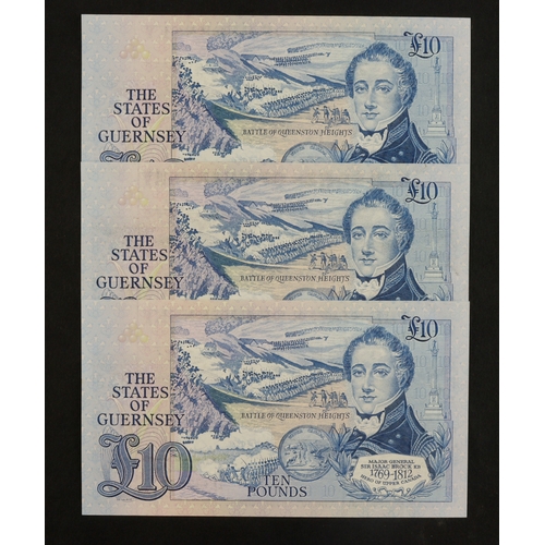 193 - Guernsey 10 Pounds (3), issued 1980 - 1989 signed M.J. Brown, a consecutively numbered run, serial D... 