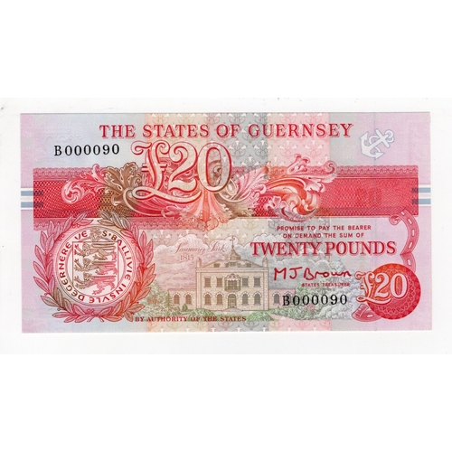 195 - Guernsey 20 Pounds issued 1991 - 1995, orange/red signature M.J. Brown, VERY LOW serial number, seri... 