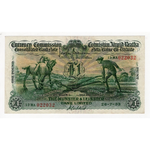 203 - Ireland Republic 1 Pound dated 26th July 1933, The Munster & Leinster Bank 'Ploughman' issue, serial... 