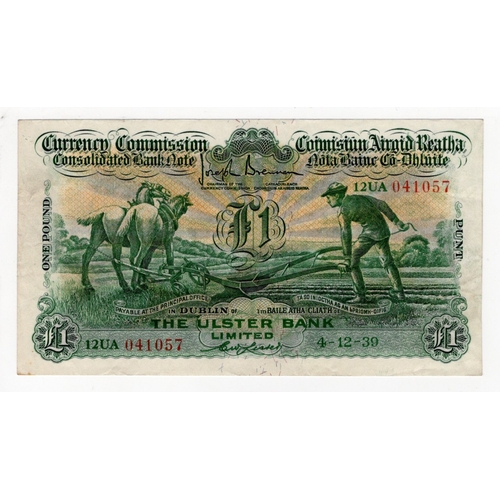 205 - Ireland Republic 1 Pound dated 4th December 1939, The Ulster Bank 'Ploughman' issue, serial 12UA 041... 