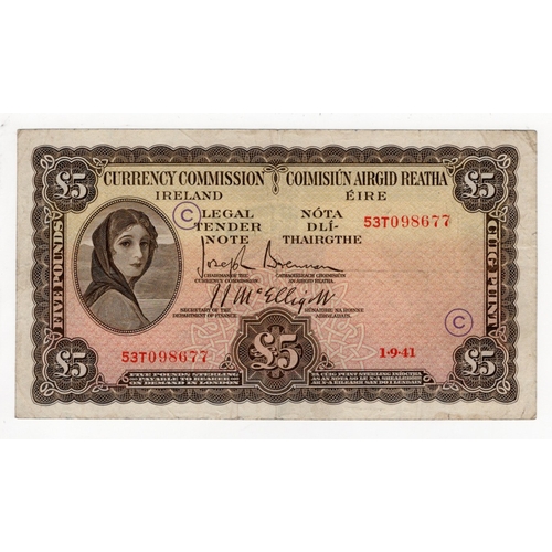 230 - Ireland Republic 5 Pounds dated 1st September 1941, earlier war date with WAR CODE overprint, signed... 