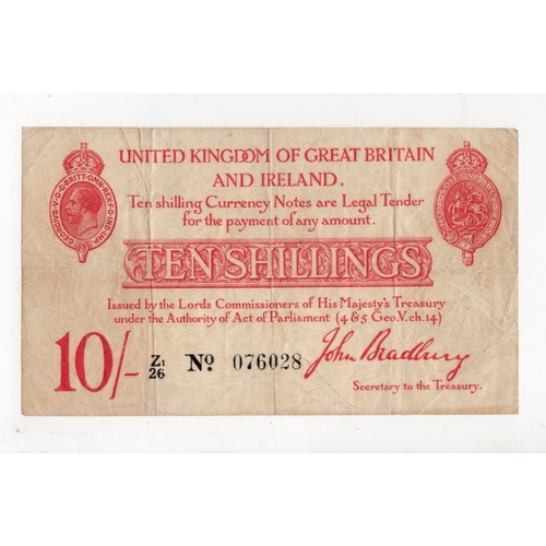 28 - Bradbury 10 Shillings (T13.2) issued 1915, 6 digit serial number, Z1/26 076028 (T13.2, Pick348a) tin... 