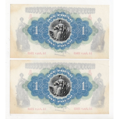 281 - Northern Ireland, Bank of Ireland 1 Pound (2) dated 14th July 1943, signed H.J. Adams, a consecutive... 