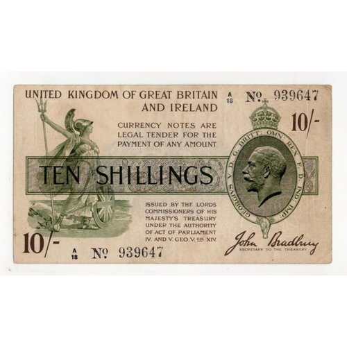 29 - Bradbury 10 Shillings (T17) issued 1918, serial A/18 939647, No. with dot (T17, Pick350a) toned pape... 