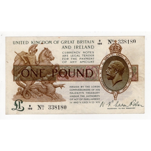 31 - Warren Fisher 1 Pound (T24) issued 1919, HIGHEST prefix number '100', serial R/100 338180 (T24, Pick... 