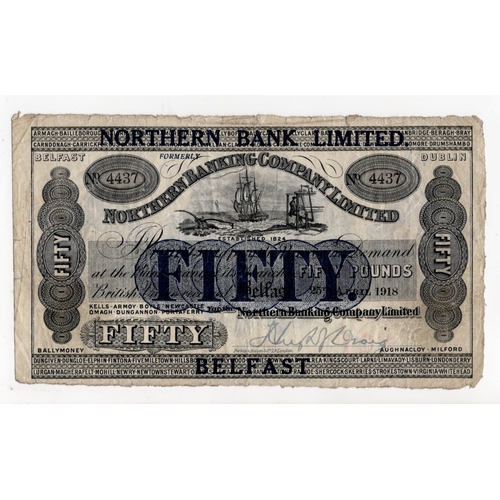 339 - Northern Ireland, Northern Bank Limited 50 Pounds dated 25th April 1918 (issued 1929), large blue-bl... 