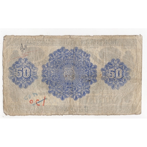 339 - Northern Ireland, Northern Bank Limited 50 Pounds dated 25th April 1918 (issued 1929), large blue-bl... 