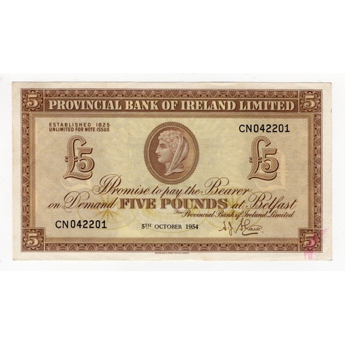 341 - Northern Ireland, Provincial Bank 5 Pounds dated 5th October 1954, signed N.J. Shaw, serial CN 04220... 