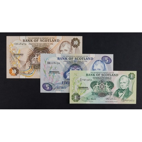 353 - Scotland, Bank of Scotland (3), 10 Pounds dated 6th August 1987 serial CE628479, 5 Pounds dated 3rd ... 