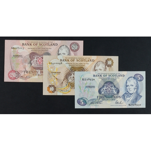 354 - Scotland, Bank of Scotland (3), 20 Pounds dated 3rd February 1992 serial AB208203, 10 Pounds dated 7... 