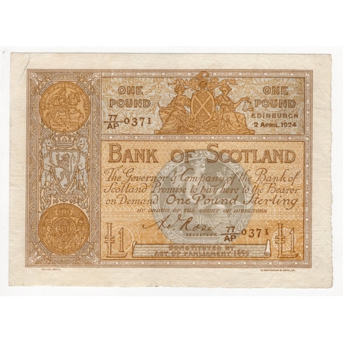 357 - Scotland, Bank of Scotland 1 Pound dated 2nd April 1924, large 'square' note with scarce early date,... 