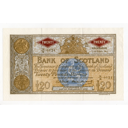 362 - Scotland, Bank of Scotland 20 Pounds dated 2nd October 1963, signed Bilsland & Watson, serial 10/G 0... 