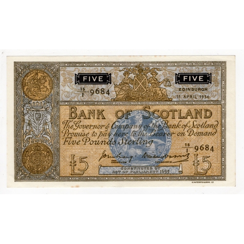 364 - Scotland, Bank of Scotland 5 Pounds dated 11th April 1956, signed Craig & Watson, serial 15/I 9684 (... 