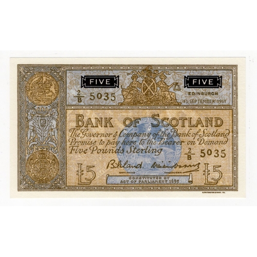 365 - Scotland, Bank of Scotland 5 Pounds dated 15th September 1961, signed Lord Bilsland and William Wats... 