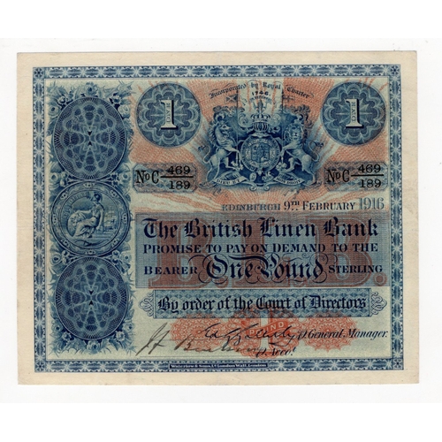 369 - Scotland, British Linen Bank 1 Pound dated 3rd August 1916, very early date of issue 'square' note, ... 