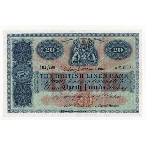 370 - Scotland, British Linen Bank 20 Pounds dated 4th April 1962, signed A.P. Anderson, serial I/5 01/288... 