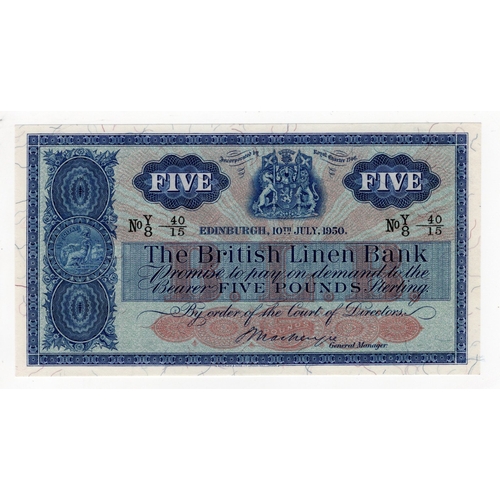 372 - Scotland, British Linen Bank 5 Pounds dated 10th July 1950, signed George Mackenzie, serial Y/8 40/1... 