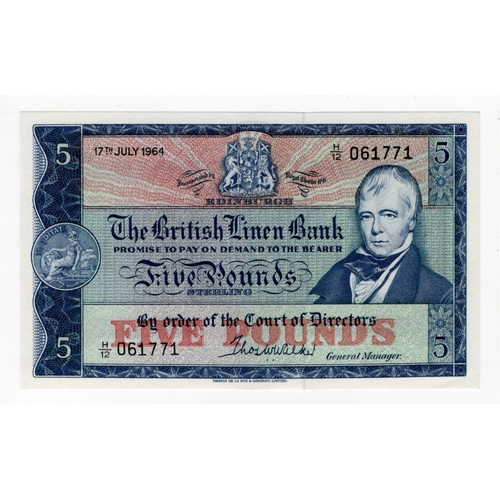 373 - Scotland, British Linen Bank 5 Pounds dated 17th July 1964, scarce ENCODED issue for electronic sort... 