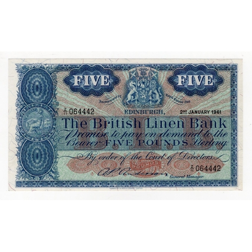 374 - Scotland, British Linen Bank 5 Pounds dated 2nd January 1961, signed A.P. Anderson, FIRST PREFIX for... 