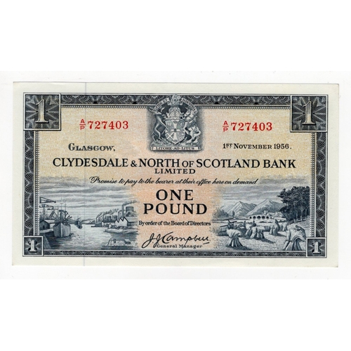 376 - Scotland, Clydesdale & North of Scotland Bank 1 Pound dated 1st November 1956, signed J.J. Campbell,... 