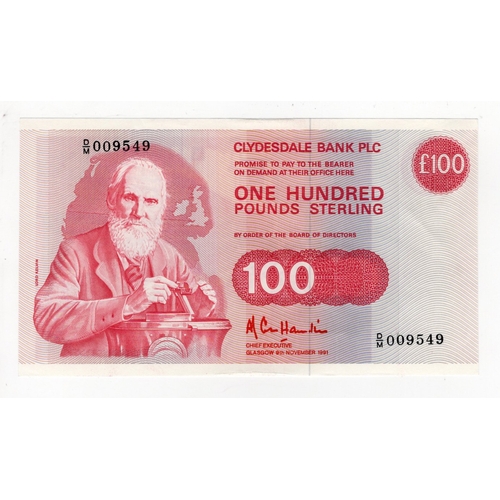 381 - Scotland, Clydesdale Bank 100 Pounds dated 9th November 1991, signed A.R. Cole Hamilton, serial D/M ... 