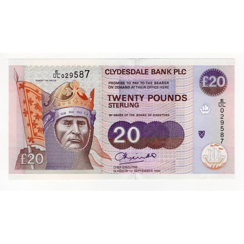 382 - Scotland, Clydesdale Bank 20 Pounds dated 1st September 1994, first issue with ascending serial numb... 