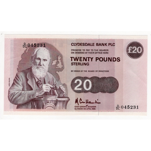 383 - Scotland, Clydesdale Bank 20 Pounds dated 8th April 1985, Lord Kelvin portrait at left, signed A.R. ... 