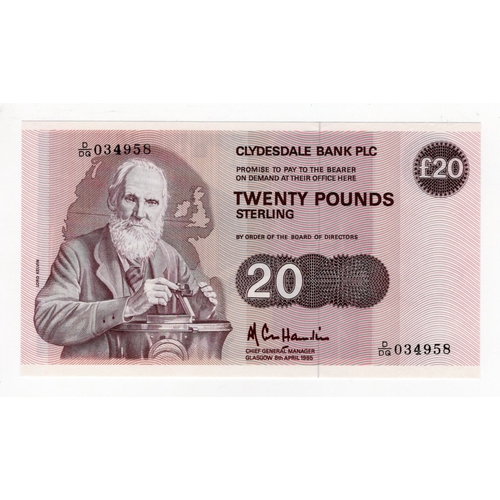 384 - Scotland, Clydesdale Bank 20 Pounds dated 8th April 1985, Lord Kelvin portrait at left, signed A.R. ... 