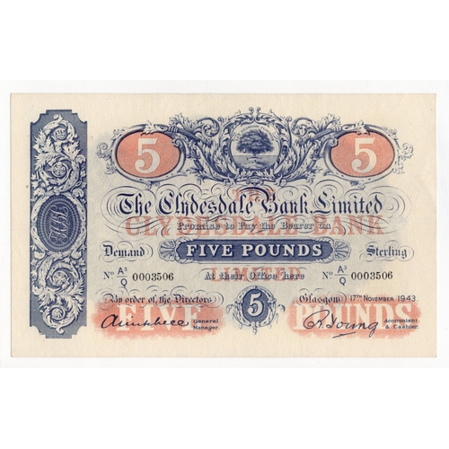 385 - Scotland, Clydesdale Bank 5 Pounds dated 17th November 1943, signed Mitchell & Young, serial A3/Q 00... 