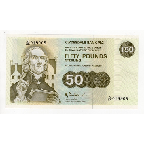 386 - Scotland, Clydesdale Bank 50 Pounds dated 20th April 1992, signed A.R. Cole Hamilton, serial D/AK 01... 