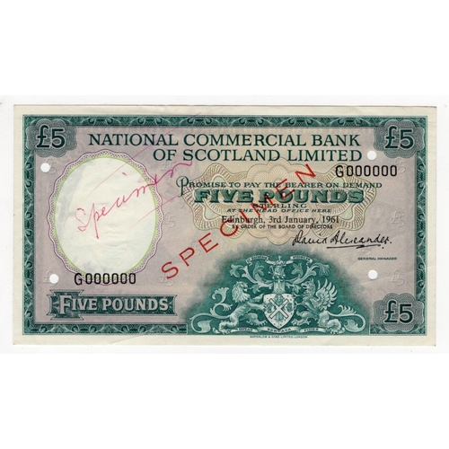 392 - Scotland, National Commercial Bank 5 Pounds dated 3rd January 1961, rare SPECIMEN note, signed David... 