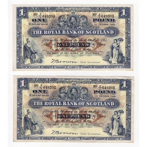 397 - Scotland, Royal Bank of Scotland 1 Pound (2) dated 1st October 1949, signed T. Brown, a consecutivel... 