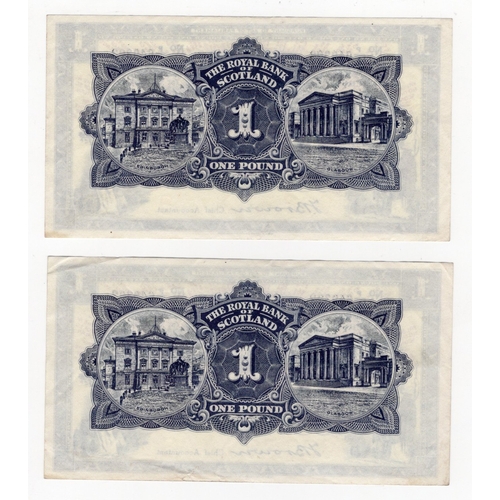 397 - Scotland, Royal Bank of Scotland 1 Pound (2) dated 1st October 1949, signed T. Brown, a consecutivel... 