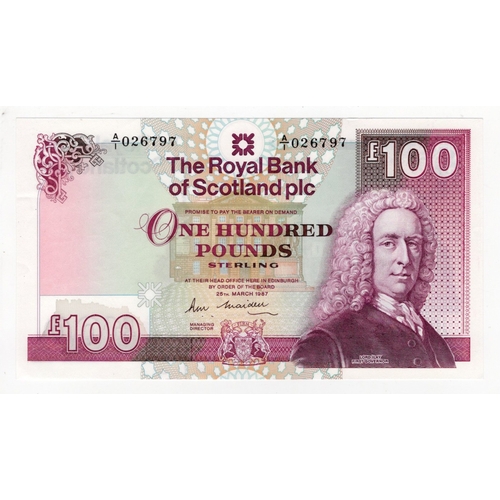 405 - Scotland, Royal Bank of Scotland 100 Pounds dated 26th March 1987, signed R.M. Maiden, serial A/1 02... 