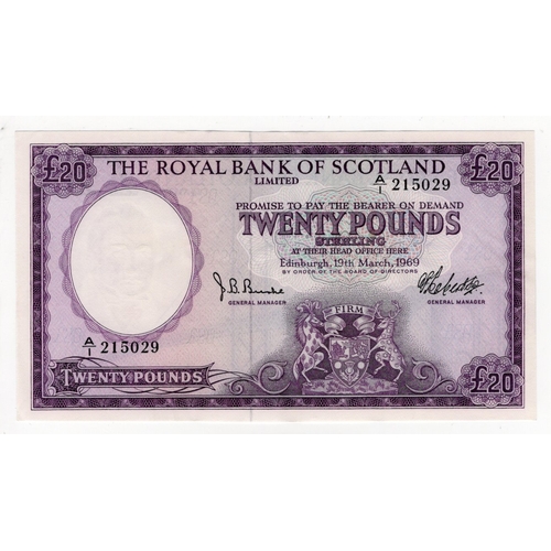 406 - Scotland, Royal Bank of Scotland 20 Pounds dated 19th March 1969, signed Robertson & Burke, serial A... 