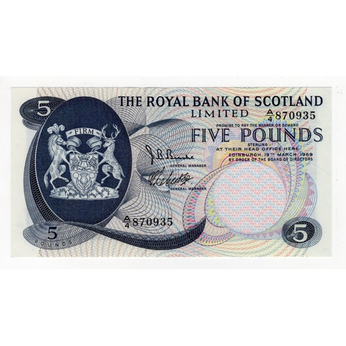 411 - Scotland, Royal Bank of Scotland 5 Pounds dated 19th March 1969, signed Burke & Robertson, serial A/... 