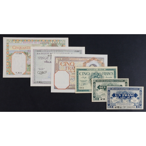 428 - Algeria (6), 50 Francs dated 1940, 20 Francs dated 1943, 5 Francs (2) dated 1941 & 1942, 2 Francs an... 