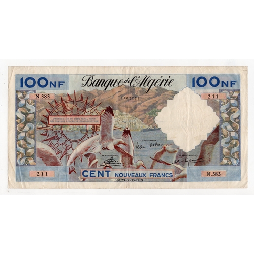 429 - Algeria 100 Nouveaux Francs dated 29th September 1961, serial N.383 211 (BNB B149b, Pick121b) a few ... 