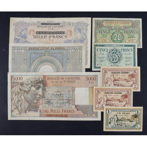 432 - Algeria, Morocco & Tunisia (8), Algeria 5000 Francs 1952, 20 Francs 1948, 5 Francs 1942, Morocco 50 ... 