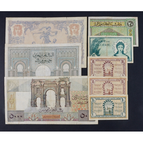 432 - Algeria, Morocco & Tunisia (8), Algeria 5000 Francs 1952, 20 Francs 1948, 5 Francs 1942, Morocco 50 ... 