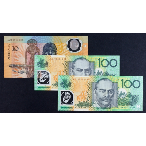 435 - Australia (3), a group of FIRST PREFIX notes, 100 Dollars (2) dated 1996 and 1999 serial AA 96 15538... 