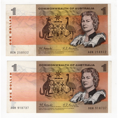 440 - Australia 1 Dollar (2) issued 1968, scarce issue signed Coombs & Randall, serial AGH 918737 & AGN 25... 