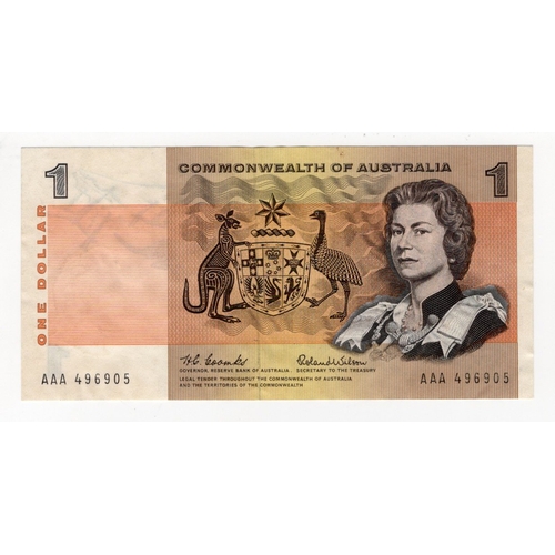 441 - Australia 1 Dollar issued 1966, rare FIRST PREFIX 'AAA', portrait Queen Elizabeth II at right, signe... 