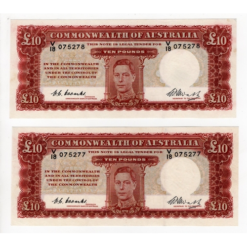 446 - Australia 10 Pounds issued 1949 (2), signed Coombs & Watt, portrait King George VI at centre, a cons... 