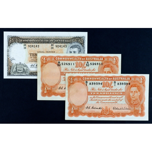 448 - Australia 10 Shillings (3), issued 1949, 1952 and 1961, signed Coombs Watt, Coombs Wilson (2 types),... 