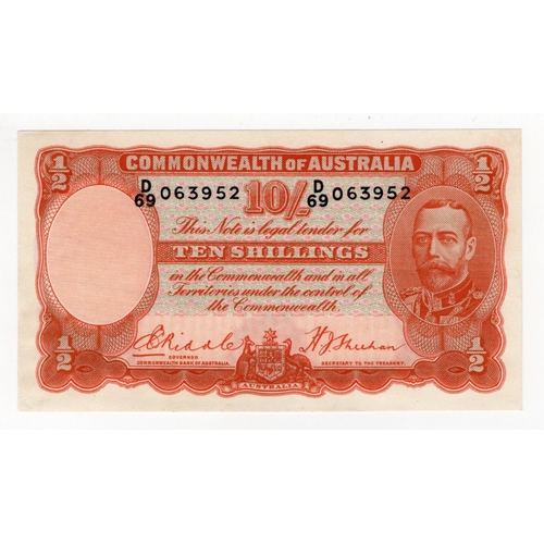 449 - Australia 10 Shillings issued 1936 - 1939, orange signatures Riddle & Sheehan, King George V portrai... 